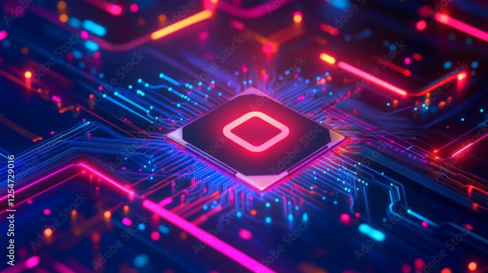 Poster a vibrant, futuristic microchip surrounded by glowing circuits and neon lights, representing advance