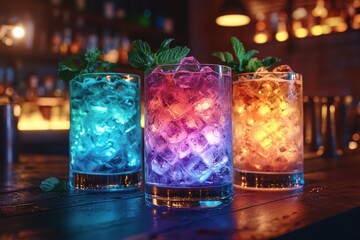 Vibrant pride-themed cocktail bar setup urban nightlife beverage showcase colorful atmosphere close-up view celebration concept