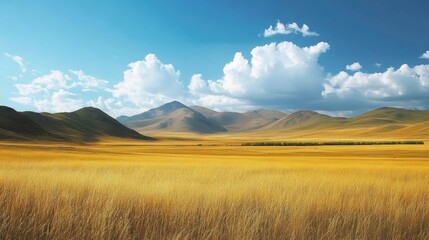 Fototapeta premium Rolling countryside with golden fields and bright sunny skies