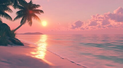 A tranquil beach at sunset with soft golden light reflecting off the calm ocean, palm trees gently swaying in the breeze