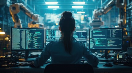 High-Tech Industrial Environment with Programmer at Work Surrounded by Multiple Monitors Displaying Code and Data in Automation Warehouse