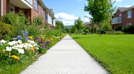 Obraz premium Walkway flowers sunny suburban neighborhood