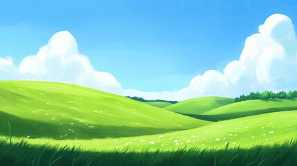 Obraz premium Rolling green fields under a bright blue summer sky
