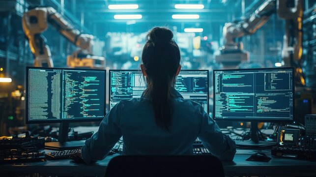 High-Tech Industrial Environment with Programmer at Work Surrounded by Multiple Monitors Displaying Code and Data in Automation Warehouse - Powered by Adobe