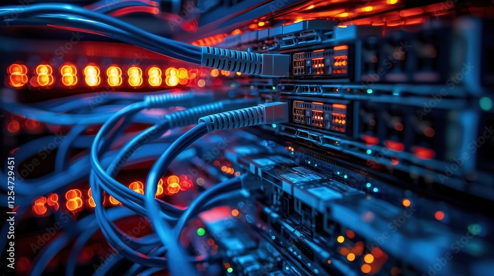 Poster close-up of neon colored network cables connected to rack servers in a data center with backlit leds