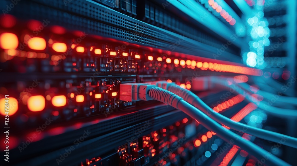 Poster modern data center with glowing network cables and illuminated server racks in a high-tech environme