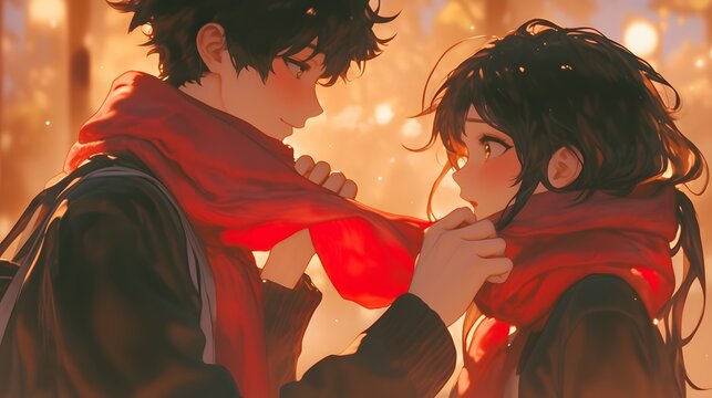 A young man is helping his girlfriend tie her red scarf, with an extremely close-up shot of the neck and shoulders in high resolution, Generative AI