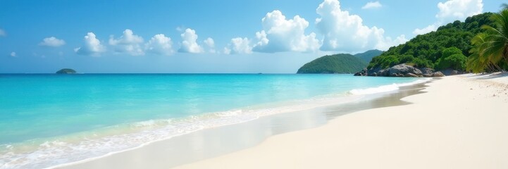 Fototapeta premium Fine white sand, calm waves lapping shore, distant green island, water, relaxing, travel