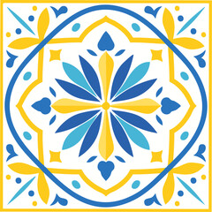 Fototapeta premium Traditional Azulejo ceramic tiles. Vector Italian print for fabric and wallpaper. Sicilian majolica in blue and yellow colors. Mediterranean style ornament.