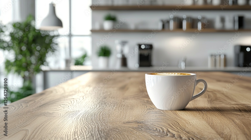 Poster a serene moment unfolds as a steaming cup of coffee sits elegantly on a rustic wooden table, basking
