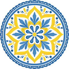 Traditional Azulejo ceramic tiles. Vector Italian print for fabric and wallpaper. Sicilian majolica in blue and yellow colors. Mediterranean style ornament.