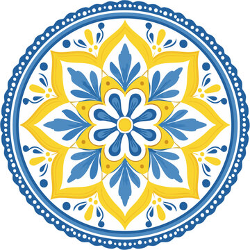 Traditional Azulejo ceramic tiles. Vector Italian print for fabric and wallpaper. Sicilian majolica in blue and yellow colors. Mediterranean style ornament.