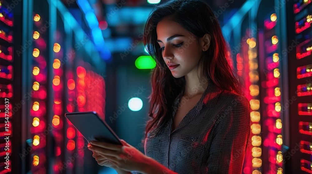 Poster young woman using tablet in a modern data center surrounded by illuminated server racks in a futuris
