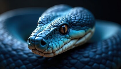 Fototapeta premium Intricate details of blue viper's facial features, head, nose, reptile