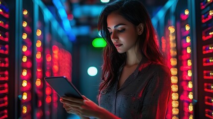Young woman using tablet in a modern data center surrounded by illuminated server racks in a futuristic setting at night
