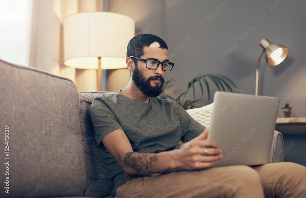 Poster Remote work, laptop and man on sofa for online project, social networking and reading email. Freelancer, It support and person on computer for website review, tech service and working from home