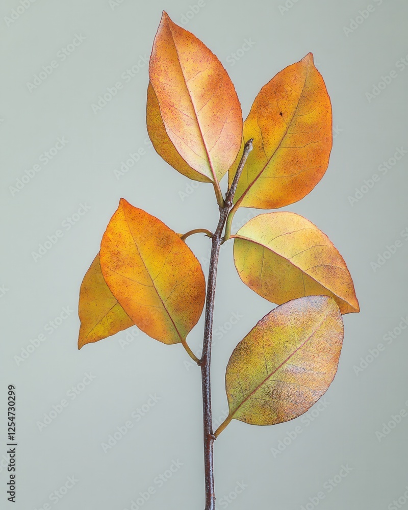 Poster autumn leaves on a small branch with a light gray background creating a natural scene