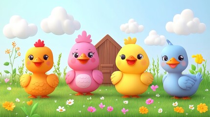 Colorful cartoon chicks gathered in a sunny meadow with flowers and a wooden barn in the background