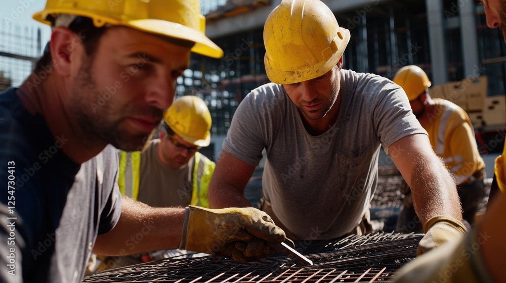 Poster construction workers collaborating on a building site, focusing on reinforcement bar assembly under 