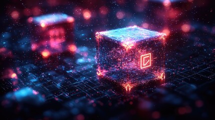 Abstract futuristic digital cube glowing with vibrant colors on a dark background, symbolizing technology