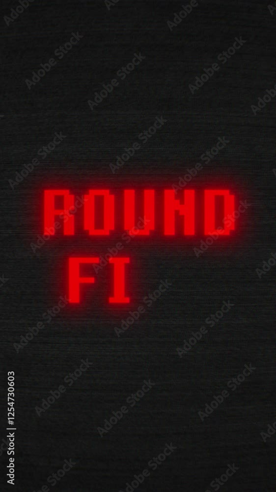 Poster vertical video animation of the title animation of round five in neon red on a dark, noisy backgroun