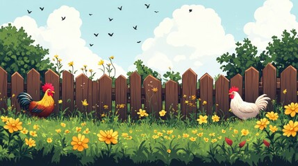 Colorful illustration of a rooster and hen in a flower-filled garden with a wooden fence