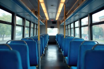 Fototapeta premium Rows of vacant blue bus seats, polished metal handrails , modern, transit