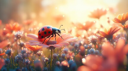 A vibrant ladybug perched on a daisy in a sunlit flower field during springtime