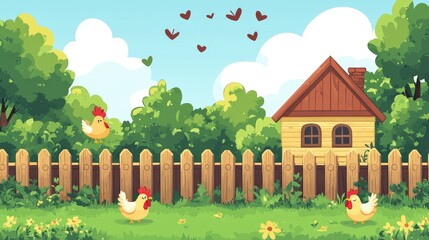 Charming rural scene with chickens in a vibrant garden near a cozy wooden house