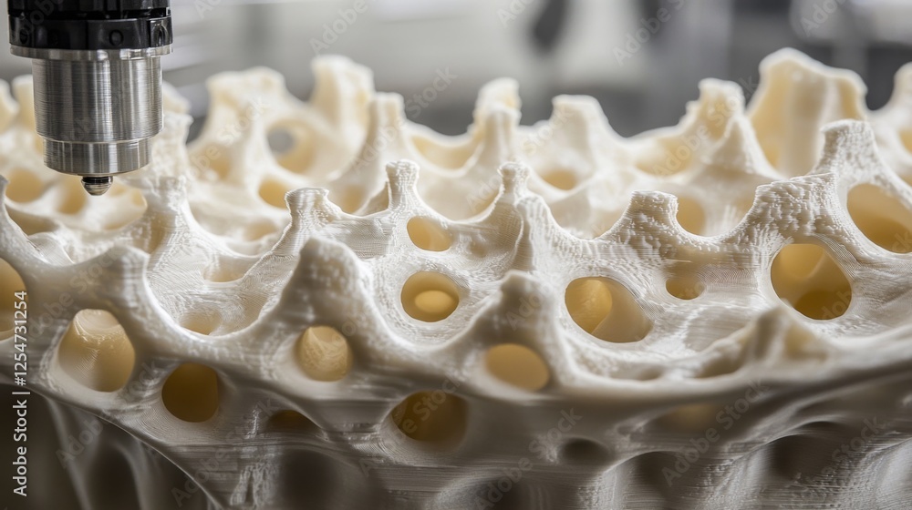 Poster close-up view of 3d printing process creating intricate structure with organic design elements