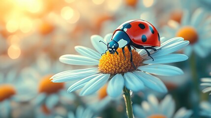 Close-up of a vibrant ladybug perched on a daisy flower in a sunlit garden setting