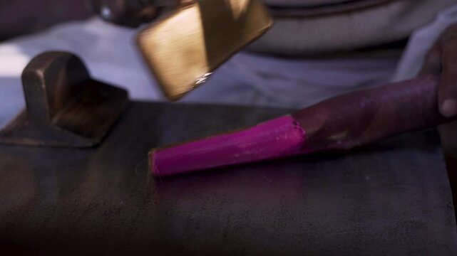 Close up of handmade Lac bangle crafting process