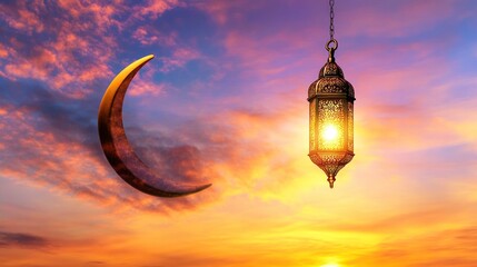 Obraz premium Ramadan Eid Mubarak Minimalist Background with Crescent Moon and Hanging Lantern for Iftar at Sunset
