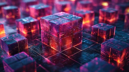 Abstract digital landscape featuring glowing cubes in vibrant colors, creating a futuristic atmosphere