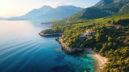 Fototapeta premium Scenic island coast with lush vegetation and clear waters