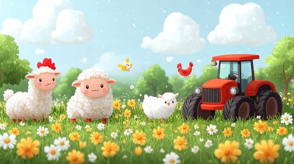 Cute animated farm scene with fluffy sheep, a tractor, and cheerful animals in a vibrant meadow