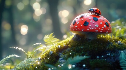 Vibrant red mushroom with ladybug in a sunlit forest, surrounded by lush greenery and bokeh