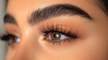 Obraz premium Close-Up of Elegant Brown Eyes with Long Lashes and Defined Eyebrows Reflecting Natural Beauty in Soft Lighting