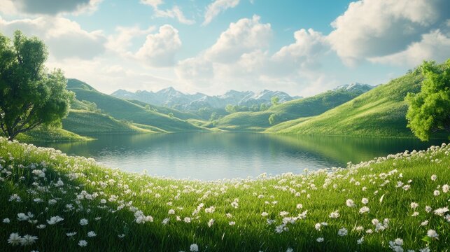 Scenic lake surrounded by lush meadows and rolling hills