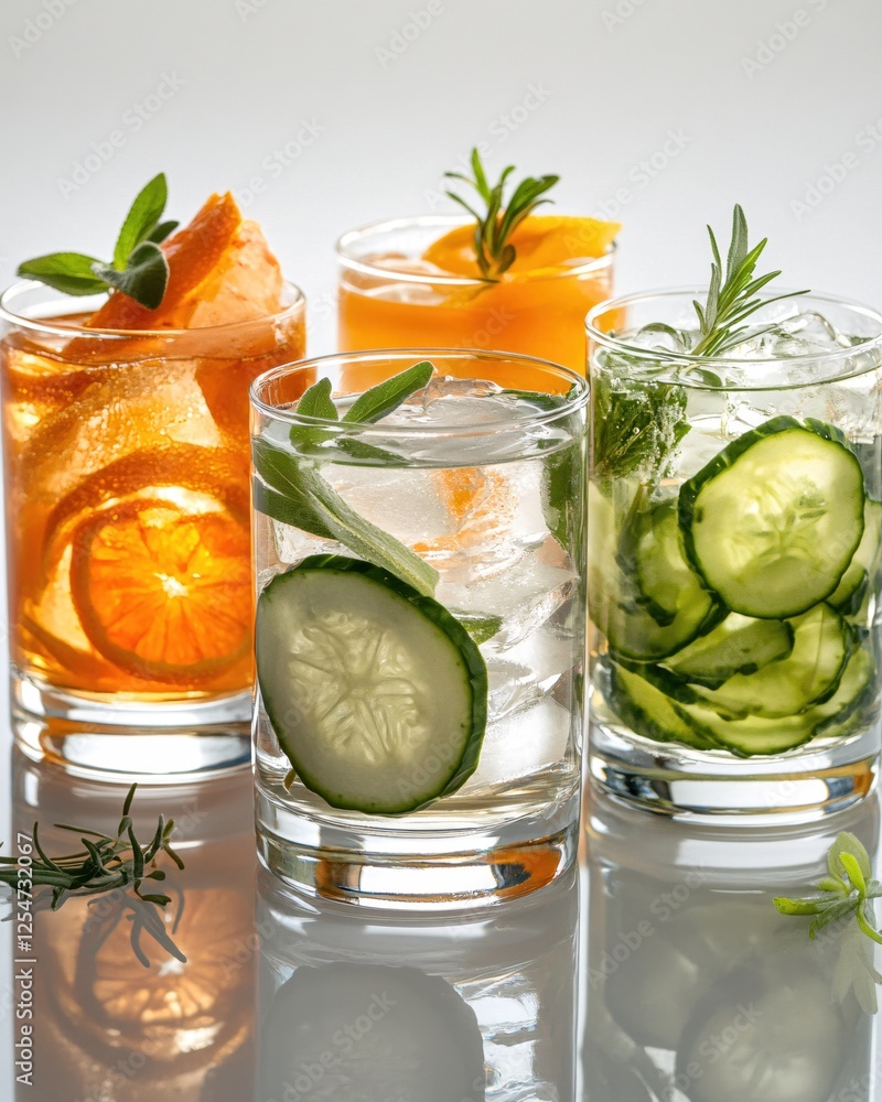 Poster refreshing drinks with orange cucumber and herbs on a white surface with soft reflections