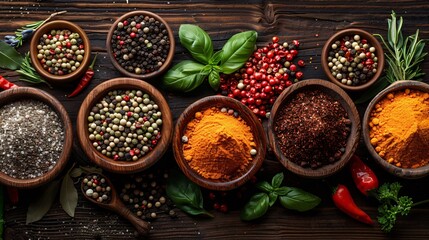 Different spices on dark wooden background