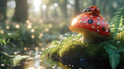 Vibrant red mushroom with ladybug in lush green forest setting, sunlight filtering through trees