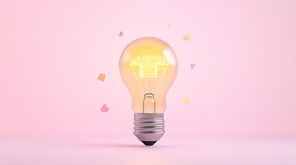 A glowing light bulb with colorful geometric shapes on a soft pink background, symbolizing creativity