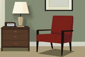 Red armchair in cozy room with lamp and side table