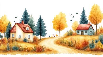 Charming autumn landscape with colorful trees, houses, and a winding path under a blue sky