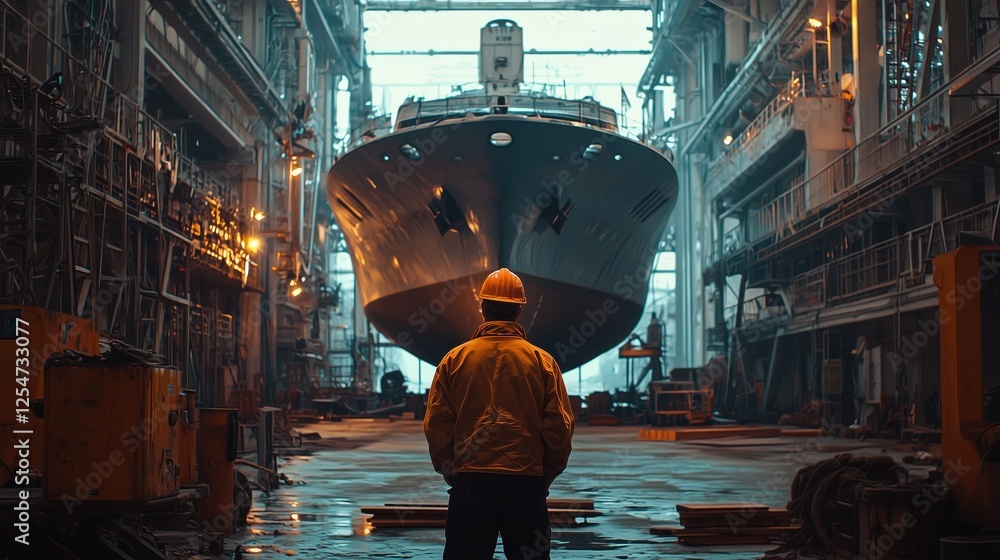 Poster industrial shipbuilding scene in a large shipyard with a worker observing a massive ship under const