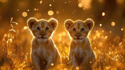 Two playful lion cubs standing amidst golden grass, illuminated by soft sunlight, with a blurred background