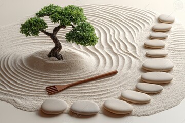 Tranquil zen garden with raked sand and stone path serene space nature high fidelity aesthetic viewpoint