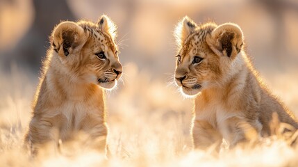 Two playful lion cubs gazing at each other in golden grassland during sunset, showcasing their innocence