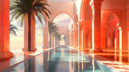 An elegant abstract of luxury resorts with radiant sunlit patterns
